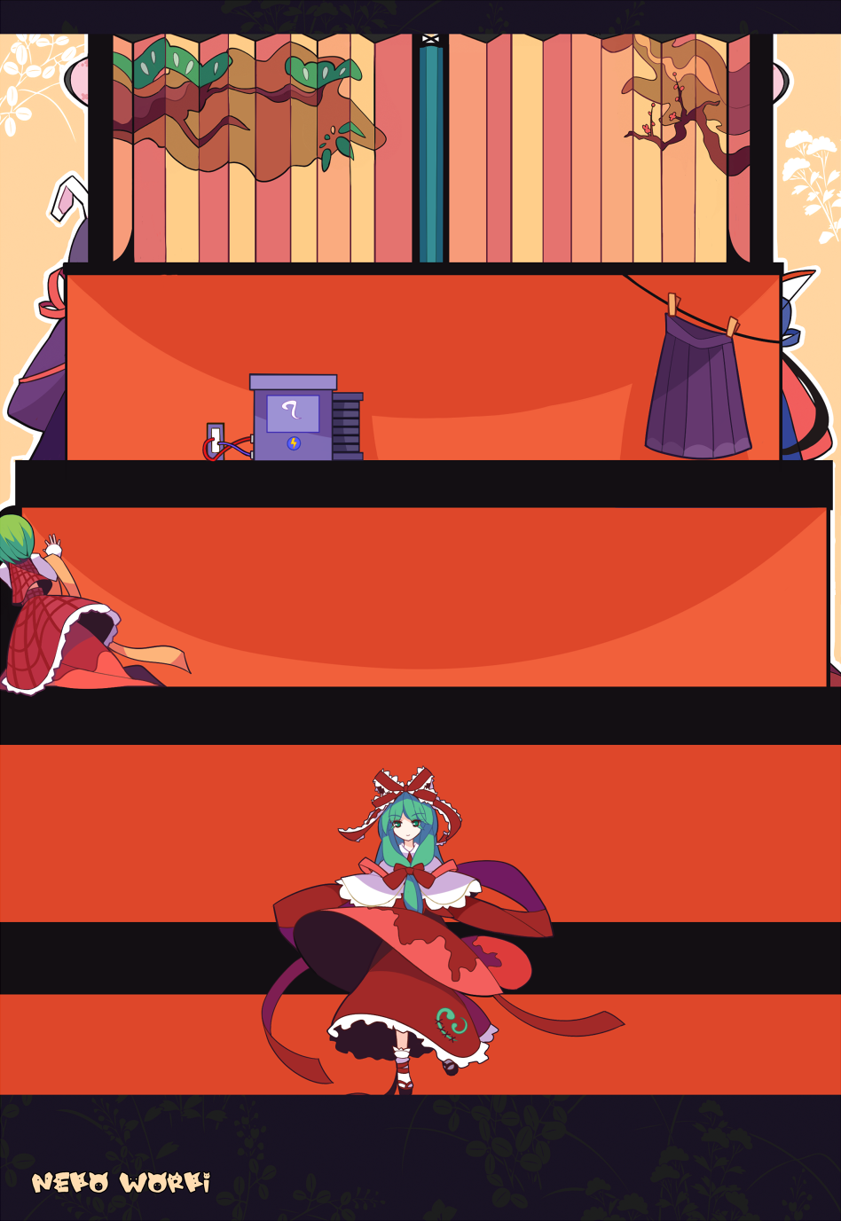 clothesline, doll, folding_screen, from_behind, green_eyes, green_hair, hair_ribbon, highres
