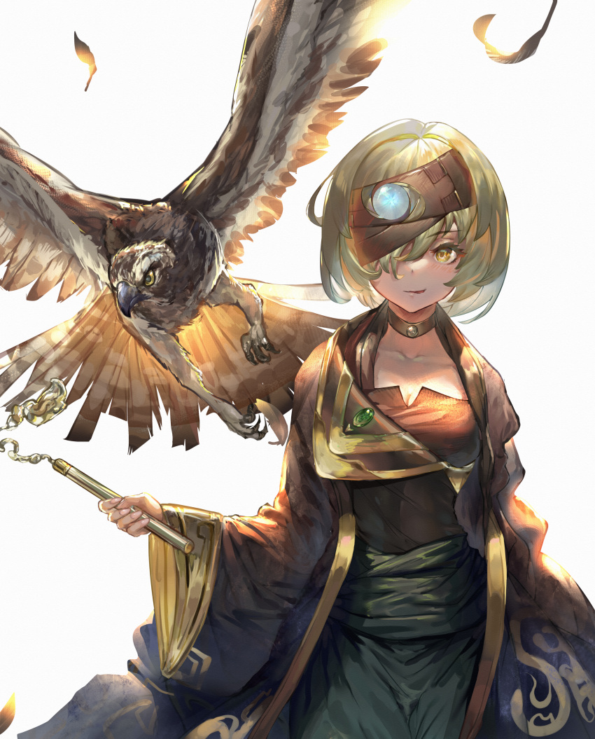 1girl, absurdres, bangs, bird, breasts, collarbone, falling_feathers, fantasy