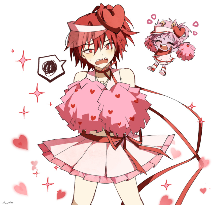 1boy, 1girl, :d, alternate_costume, amulet_heart, amulet_heart_(cosplay), ashido_mina, bangs