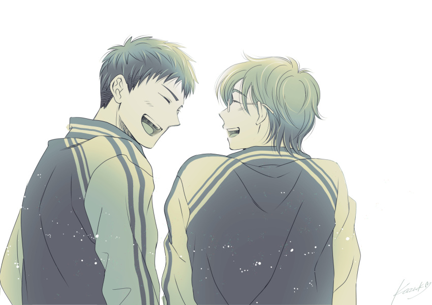 2boys, :d, bakuten!!, closed_eyes, facing_another, highres, jacket, kazuki_sara