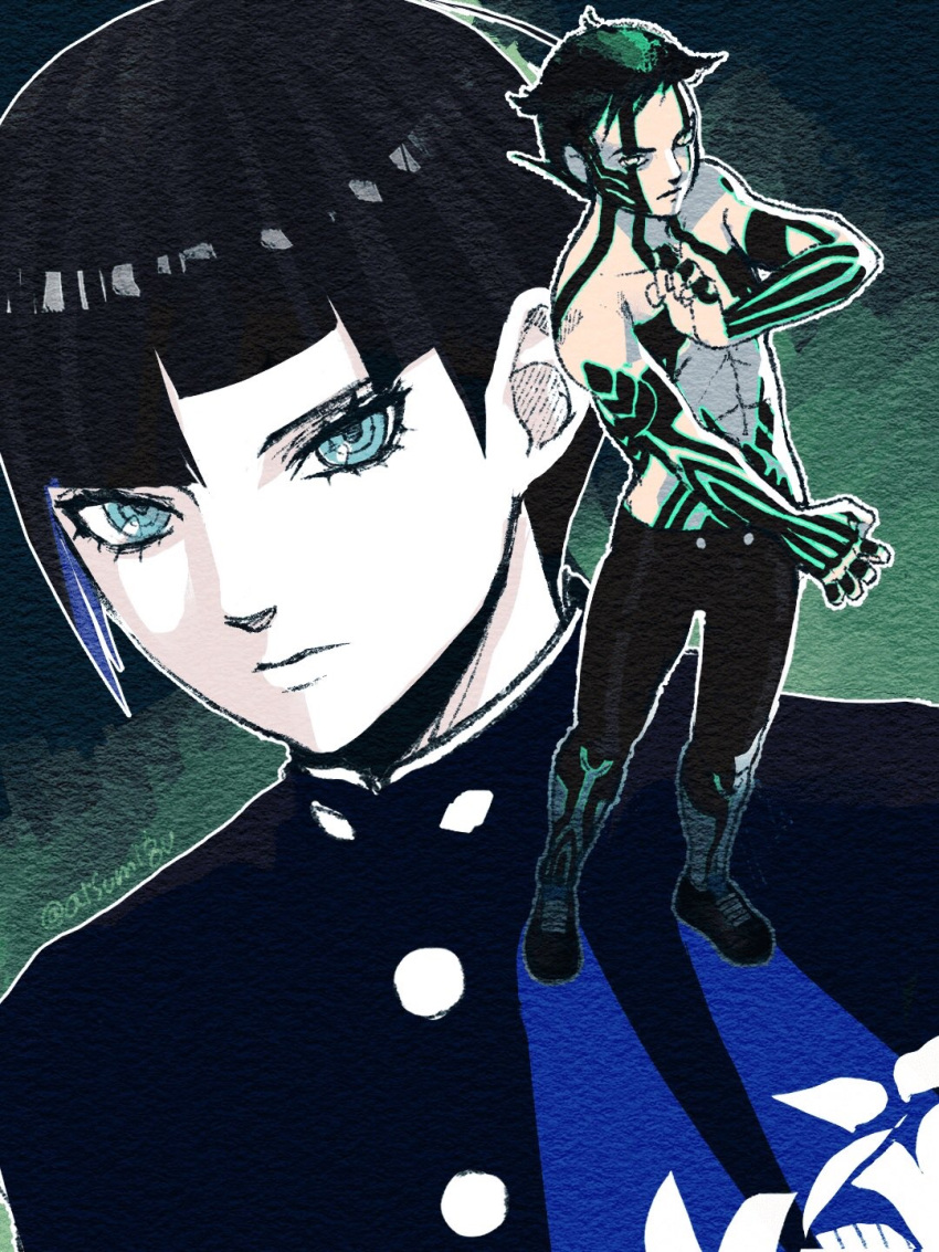 2boys, bangs, black_hair, blue_eyes, bowl_cut, crossover, eyelashes, full-body_tattoo, highres, hitoshura, looking_at_viewer, male_focus, mimimimiguchan, multiple_boys, protagonist_(smtv), school_uniform, shin_megami_tensei, shin_megami_tensei_iii:_nocturne, shin_megami_tensei_v, shirtless, short_hair, shorts, simple_background, tattoo, yellow_eyes