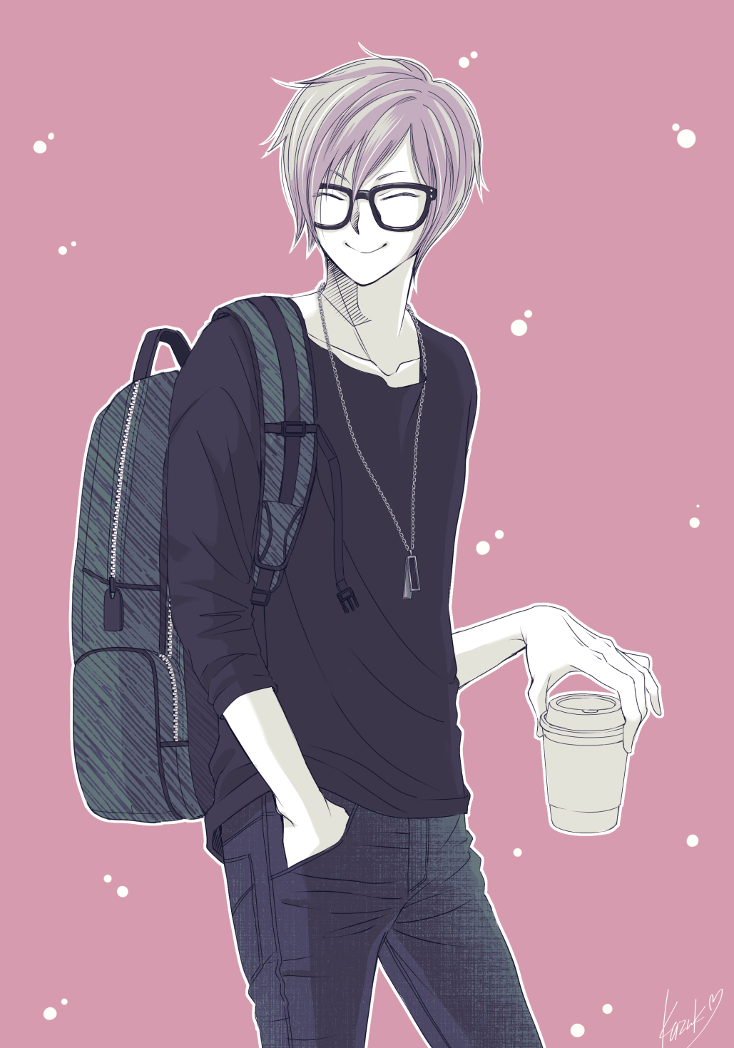 1boy, backpack, bag, bakuten!!, black-framed_eyewear, black_shirt, closed_eyes, cup