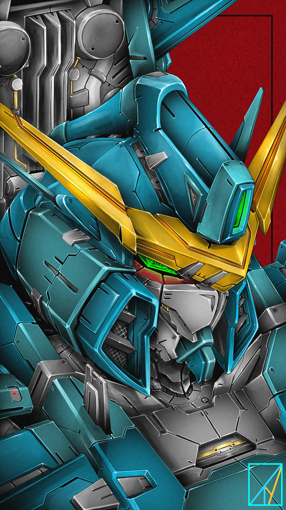 black_border, border, calamity_gundam, denjyou23, green_eyes, gundam, gundam_seed, highres