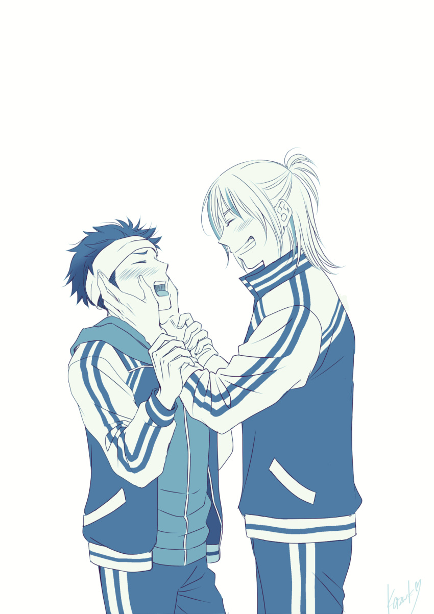 2boys, bakuten!!, blue_theme, blush, facing_another, hands_on_another's_cheeks, hands_on_another's_face, headband