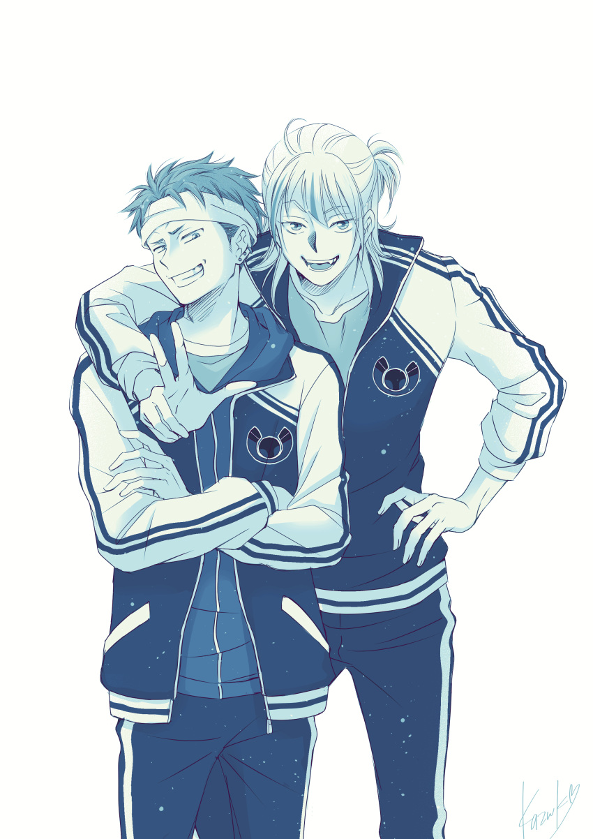 2boys, absurdres, arm_around_shoulder, bakuten!!, blue_theme, crossed_arms, grin, hand_on_hip, headband, highres, jacket, kazuki_sara, long_hair, long_sleeves, looking_at_viewer, multiple_boys, onagawa_nagayoshi, pants, signature, simple_background, smile, standing, track_pants, watari_koutarou, white_background