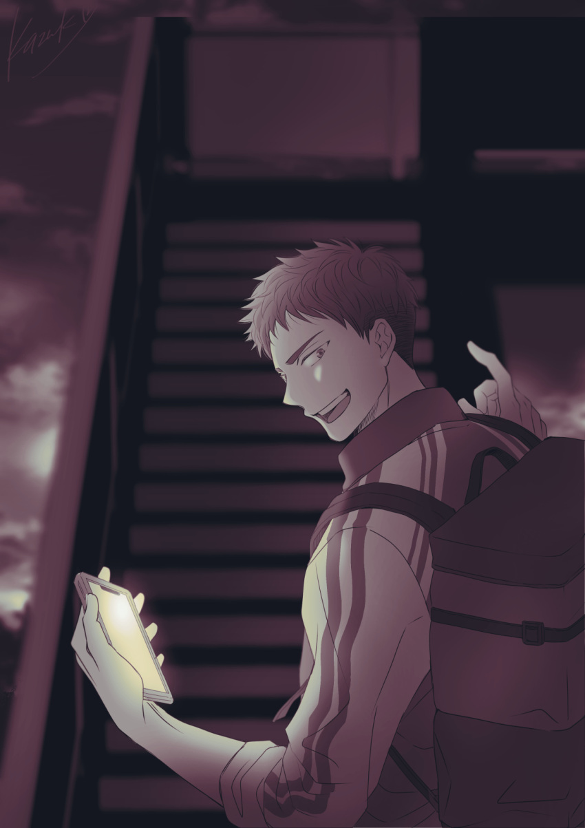 1boy, :d, backpack, bag, bakuten!!, cellphone, hand_up, highres