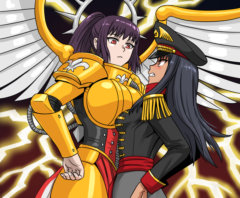 2girls, adepta_sororitas, anime_coloring, armor, asymmetrical_docking, bangs, black_hair, boobplate