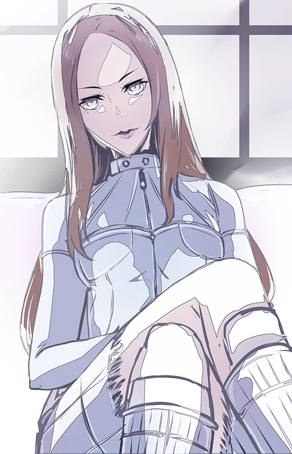 1girl, blue_eyes, boots, brown_hair, full_body, hood, long_hair, looking_at_viewer