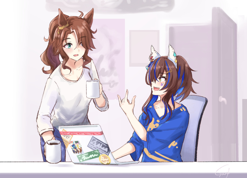 2girls, :d, ahoge, animal_ears, blue_hair, blue_pants, blue_shirt, blush