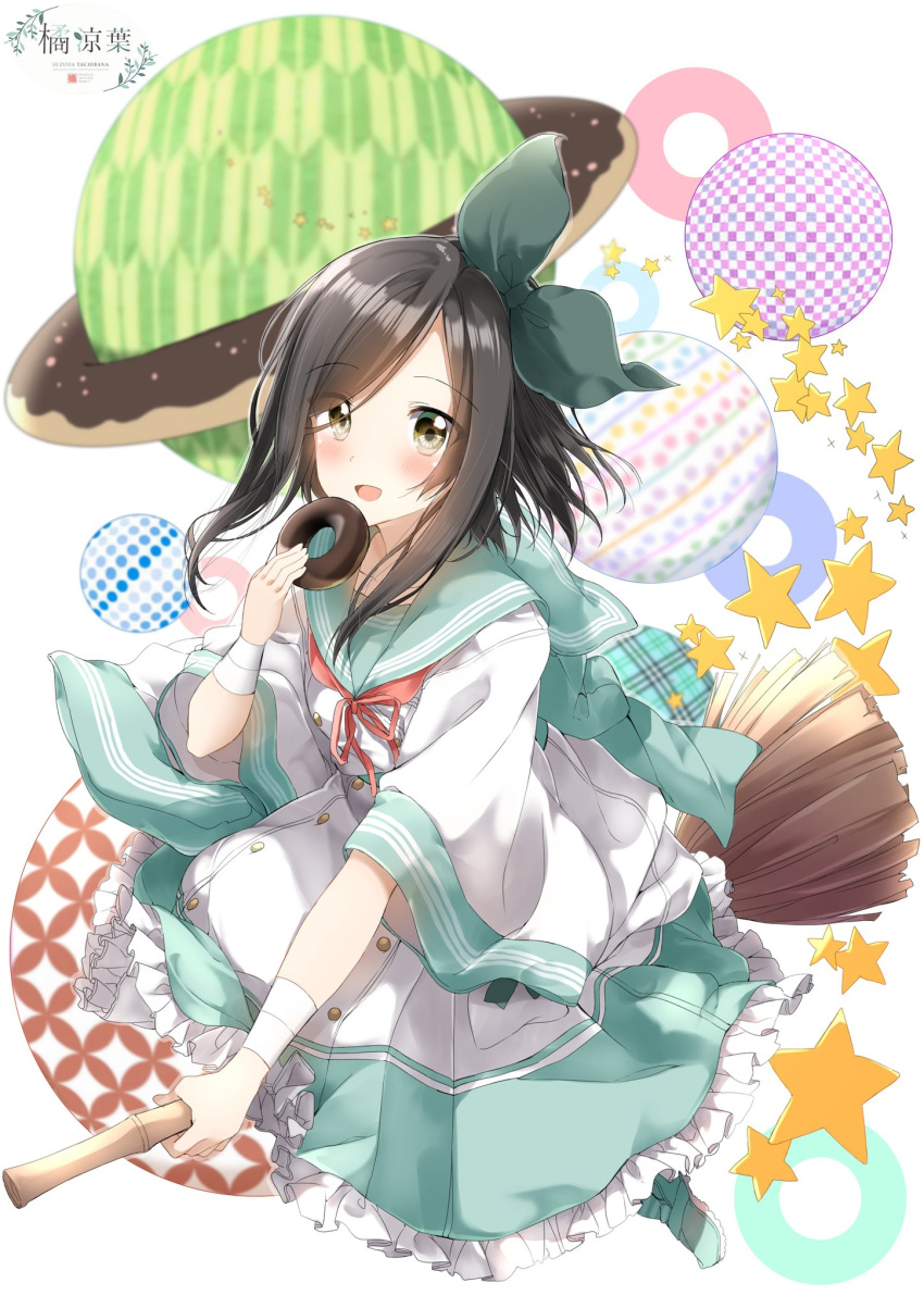 1girl, brown_eyes, brown_hair, chocolate_doughnut, doughnut, flower, food, green_ribbon