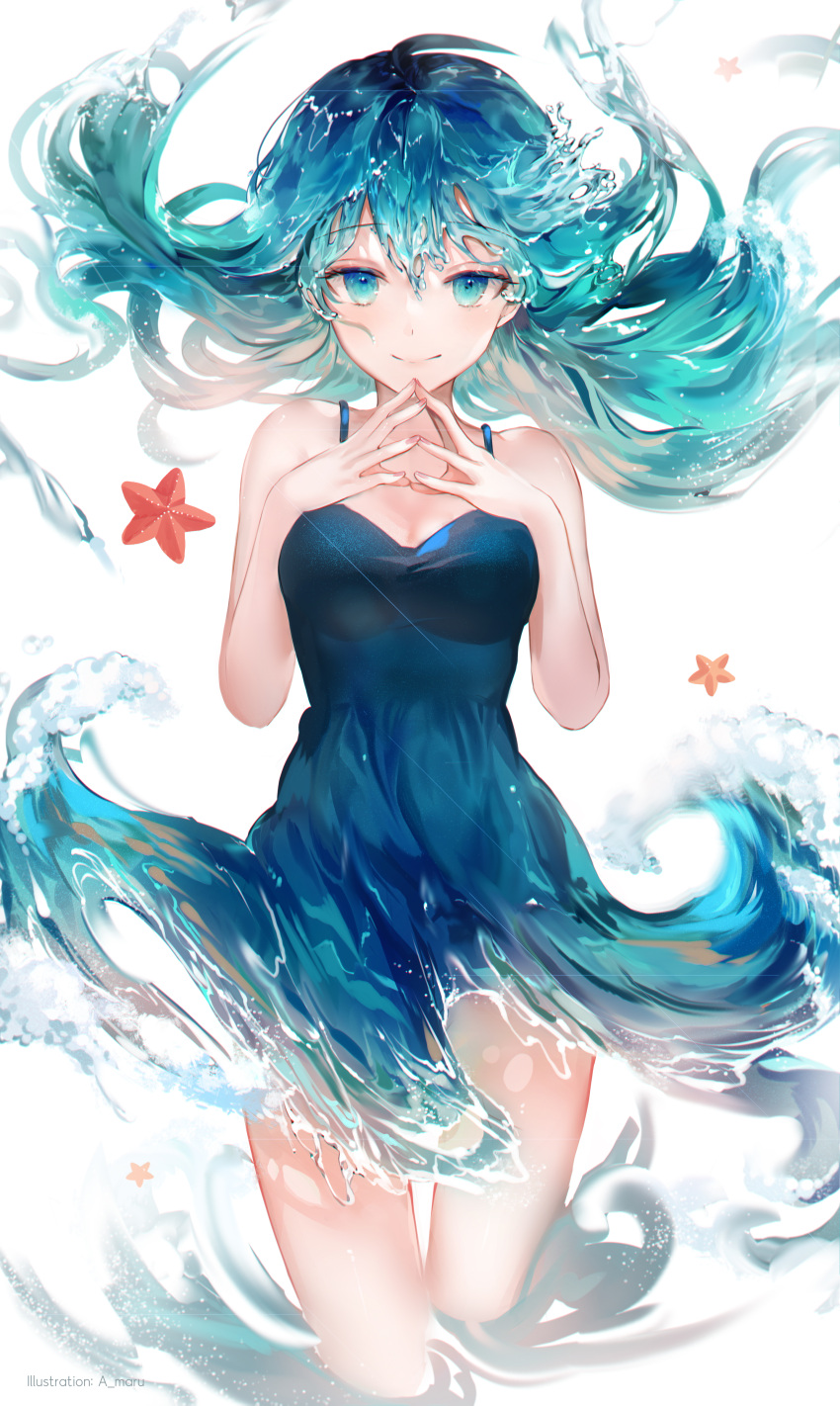 1girl, absurdres, ahoge, artist_name, bangs, blue_dress, blue_eyes, blue_hair, breasts, closed_mouth, commentary, cowboy_shot, cropped_legs, dress, eyebrows_visible_through_hair, fingers_together, floating_hair, hair_between_eyes, hands_up, highres, liquid_clothes, liquid_hair, long_hair, looking_at_viewer, medium_breasts, original, sleeveless, sleeveless_dress, smile, solo, standing, steepled_fingers, thigh_gap, unity_(ekvmsp02), white_background