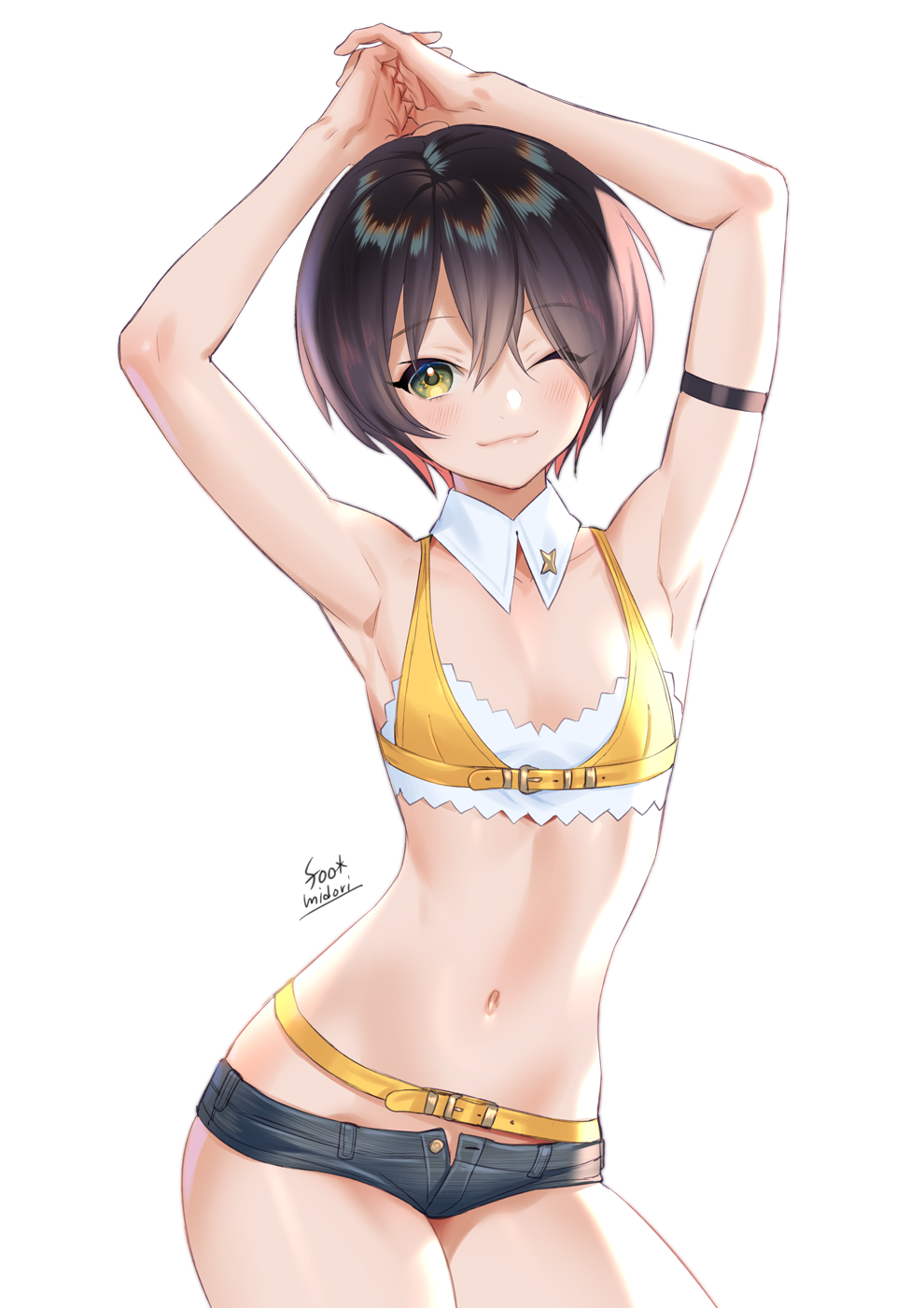 1girl, ;3, arm_strap, armpits, arms_up, artist_name, banned_artist, bare_shoulders