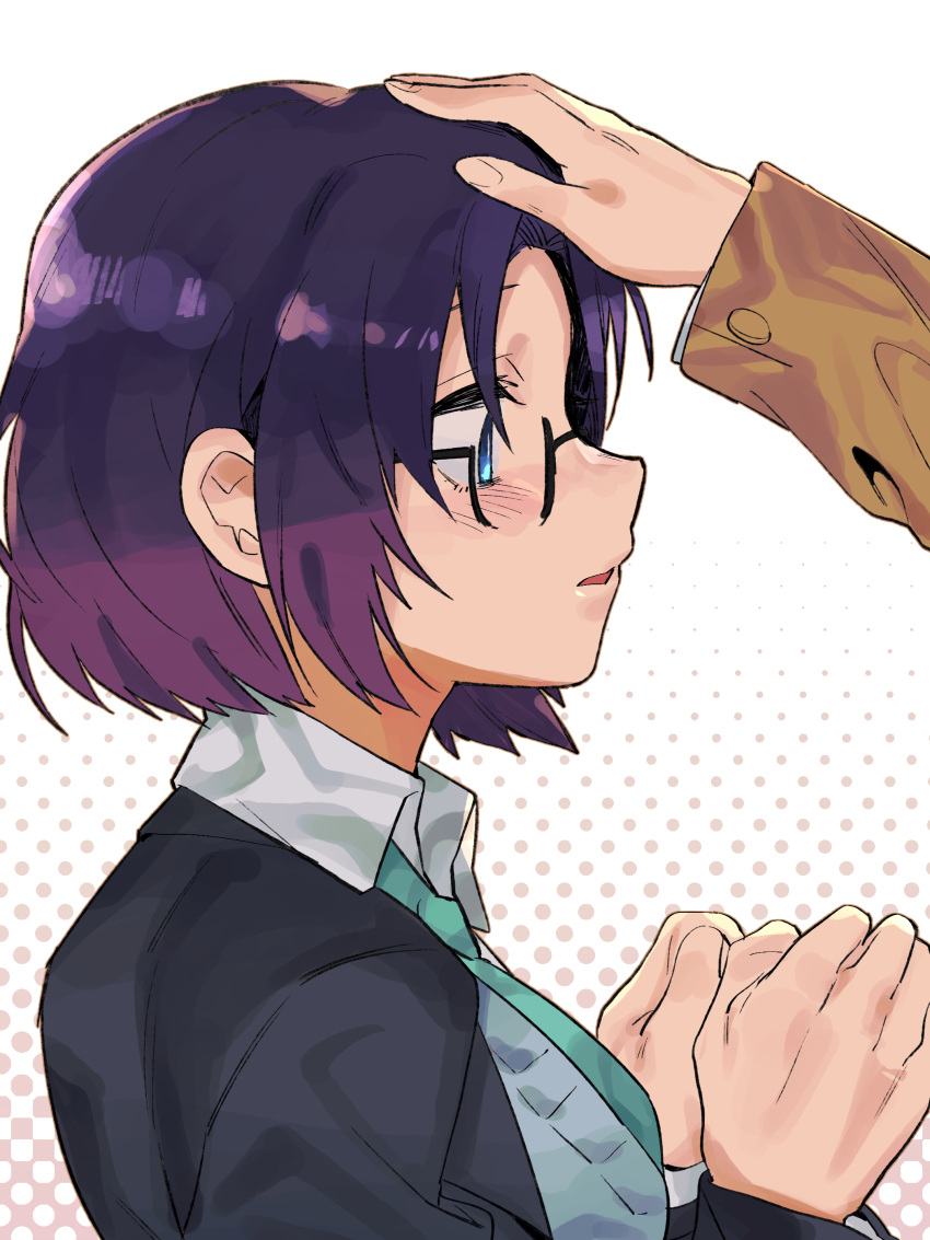 1girl, 1other, absurdres, blue_eyes, blush, elma_(maidragon), from_side, glasses