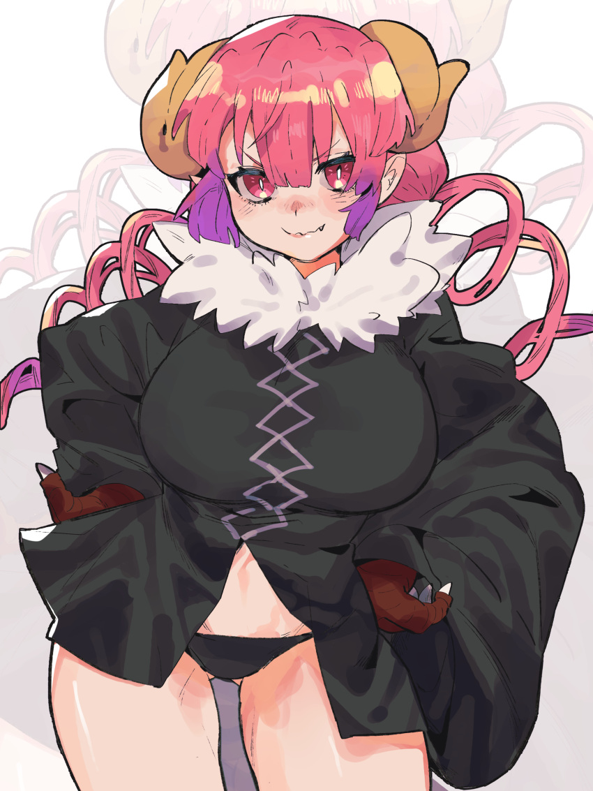 1girl, absurdres, black_panties, breasts, bright_pupils, claws, fang, fang_out