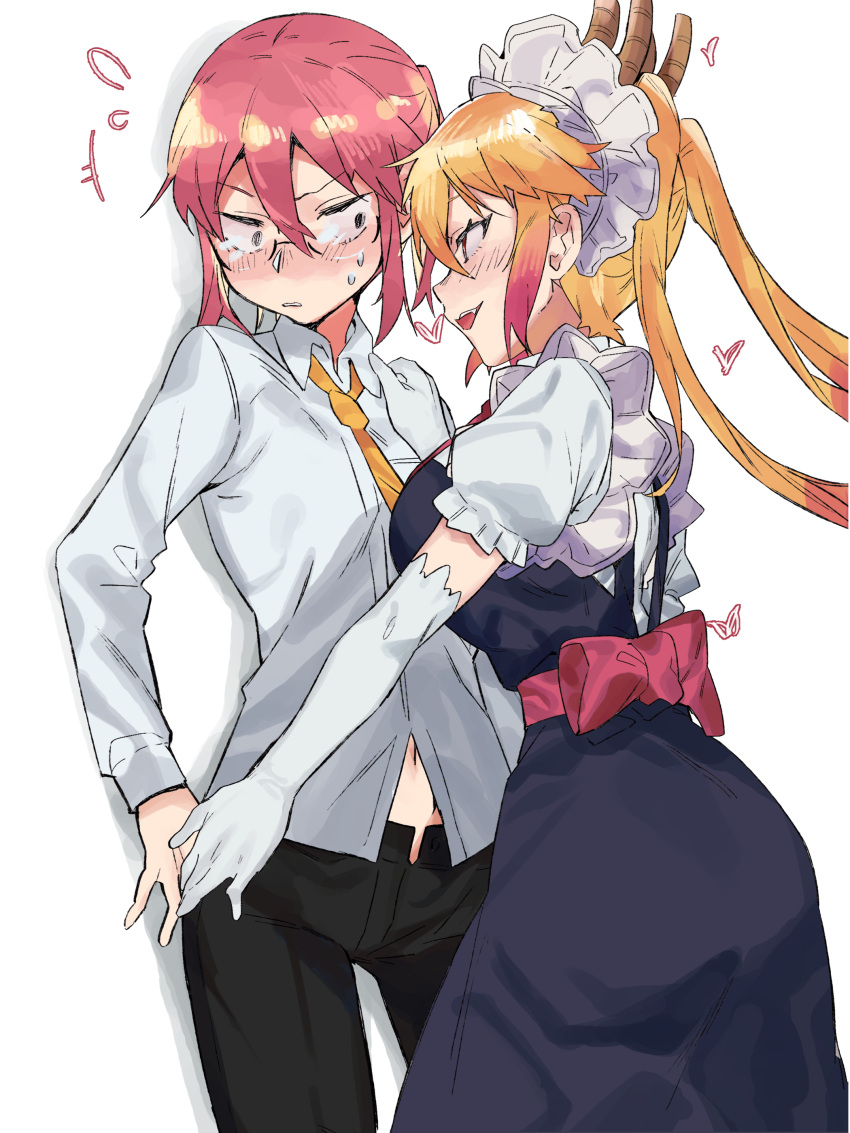 2girls, absurdres, black_pants, blonde_hair, blush, breasts, dress, elbow_gloves, eye_contact, glasses, gloves, hair_between_eyes, heart, highres, horns, kobayashi-san_chi_no_maidragon, kobayashi_(maidragon), looking_at_another, maid, maid_headdress, multiple_girls, navel, necktie, open_mouth, pants, redhead, shirt, smile, standing, takao_(88499191), tohru_(maidragon), white_gloves, white_shirt, yuri
