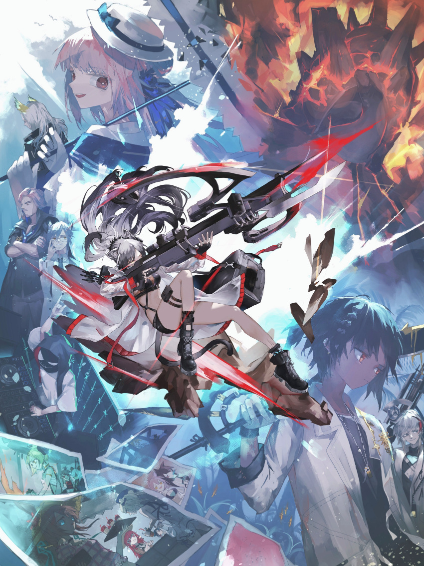 5boys, 6+girls, absurdres, aiming, amiya_(arknights), animal_ears, arknights, arrow_(projectile), bear_ears, beeswax_(arknights), bikini, bikini_top, black_bikini, black_coat, black_footwear, black_gloves, black_horns, black_shirt, blonde_hair, blue_eyes, blue_feathers, boots, braid, brown_hair, cat_ears, ceylon_(arknights), ch'en_(arknights), closed_mouth, coat, commentary_request, cronin_(arknights), crossed_arms, cutter_(arknights), d.d.d._(arknights), dark-skinned_female, dark-skinned_male, dark_skin, dj, expressionless, facial_hair, feather_hair, female_tourist_c_(arknights), fingerless_gloves, fire, food, gloves, goat_horns, goatee, gummy_(arknights), gummy_(summer_flowers)_(arknights), hat, hellagur_(arknights), herman_doykos_(arknights), highres, holding, holding_crossbow, holding_sword, holding_tray, holding_umbrella, holding_weapon, horns, ifrit_(arknights), ifrit_(sunburn)_(arknights), infection_monitor_(arknights), jacket, kenseeeeeeee, long_hair, long_sleeves, looking_at_viewer, looking_back, multicolored_hair, multiple_boys, multiple_girls, mustache, necktie, official_alternate_costume, orange_eyes, pink_hair, pompeii_(arknights), ponytail, popsicle, provence_(arknights), provence_(casual_vacation)_(arknights), quiver, rabbit_ears, red_eyes, redhead, schwarz_(arknights), see-through_jacket, shirt, short_hair, short_ponytail, side_braid, silver_hair, skyfire_(arknights), skyfire_(temperature_difference)_(arknights), smile, solo_focus, sora_(arknights), sora_(summer_flowers)_(arknights), straw_hat, streaked_hair, swimsuit, sword, the_emperor_(arknights), thigh_strap, thorns_(arknights), tray, umbrella, vigna_(arknights), vigna_(casual_vacation)_(arknights), weapon, white_bikini, white_gloves, white_hair, white_headwear, white_jacket, wolf_ears