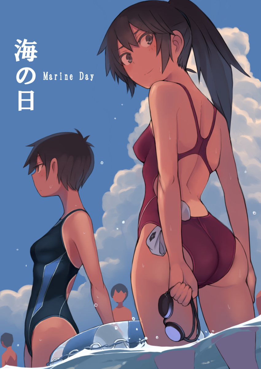 2boys, 2girls, ass, black_hair, blue_sky, blue_swimsuit, clouds, commentary_request