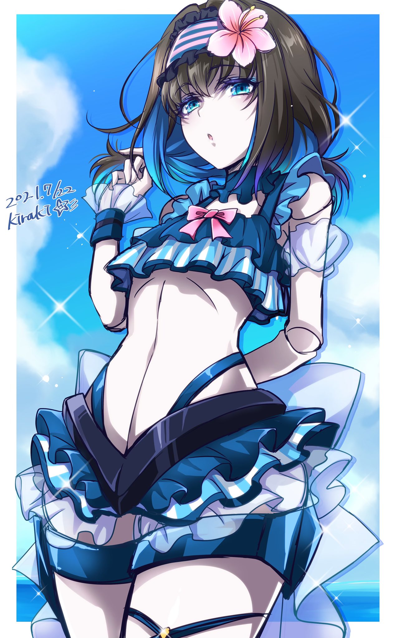 1girl, bikini, black_hair, blue_bikini, blue_eyes, blue_hair, blush, colored_inner_hair