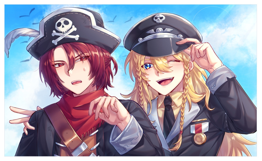 2boys, ;d, arm_around_shoulder, artist_request, black_jacket, black_neckwear, blonde_hair, blue_eyes