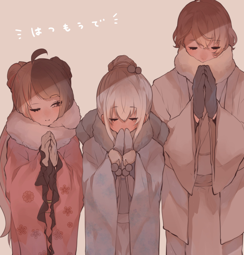 1boy, 2girls, bangs, black_gloves, blonde_hair, blue_gloves, blue_scarf, brown_hair