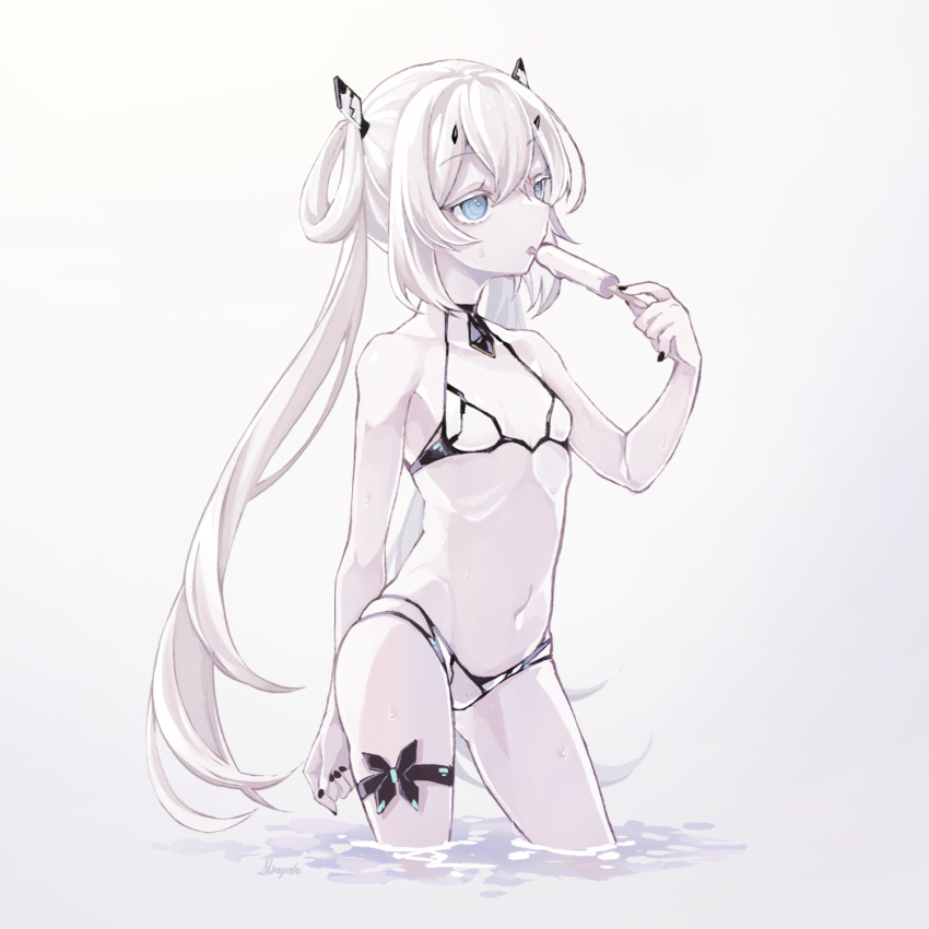 1girl, bikini, black_nails, blue_eyes, breasts, colored_skin, highres, long_hair