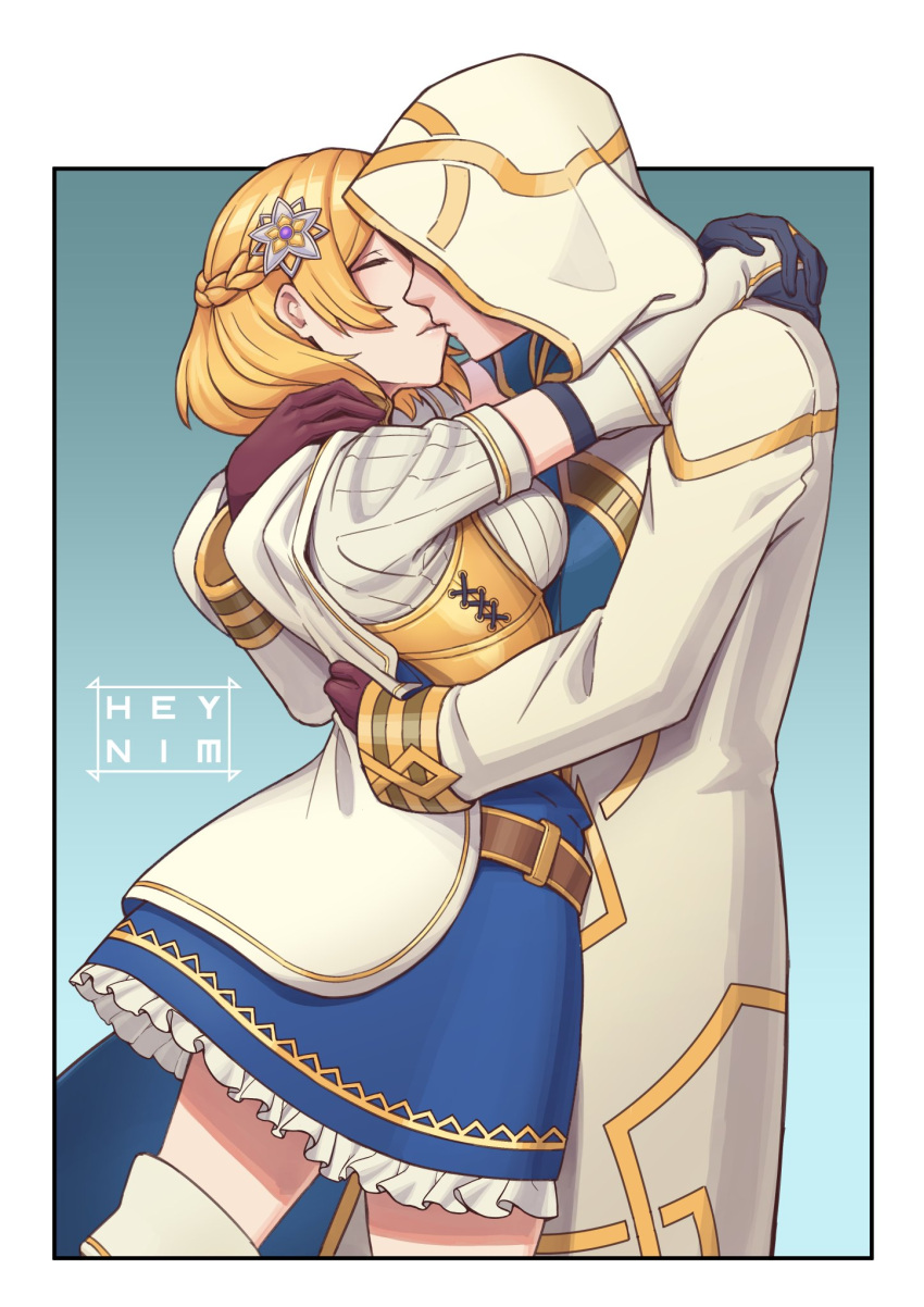 blonde_hair, braid, cape, closed_eyes, commission, fire_emblem, fire_emblem_heroes, fire_emblem_warriors, flower, frilled_skirt, frills, hair_flower, hair_ornament, hairpin, heynim, highres, hood, hug, kiran_(fire_emblem), kiss, legs, lianna_(fire_emblem), skirt, sunflower, sunflower_hair_ornament