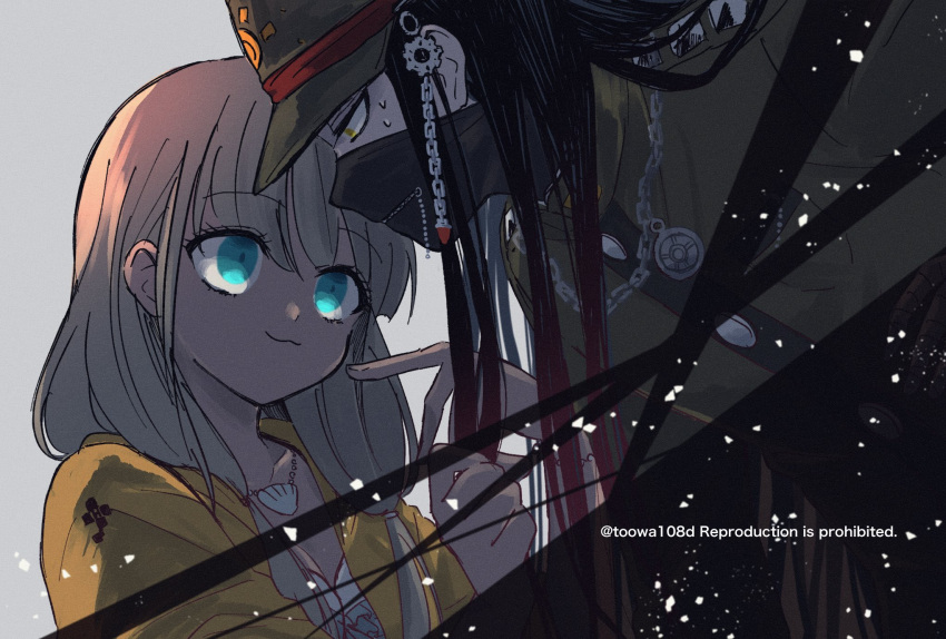 108_(toowa), 1boy, 1girl, :3, bangs, bikini, bikini_top, black_hair, blue_eyes, buttons, chain, collarbone, dangan_ronpa_(series), dangan_ronpa_v3:_killing_harmony, frilled_bikini, frills, from_side, green_eyes, green_headwear, green_jacket, grey_background, grey_hair, hat, highres, jacket, long_hair, looking_at_another, low_twintails, mask, mouth_mask, orange_jacket, shell_necklace, shinguuji_korekiyo, smile, sweat, swimsuit, twintails, twitter_username, upper_body, watermark, yonaga_angie