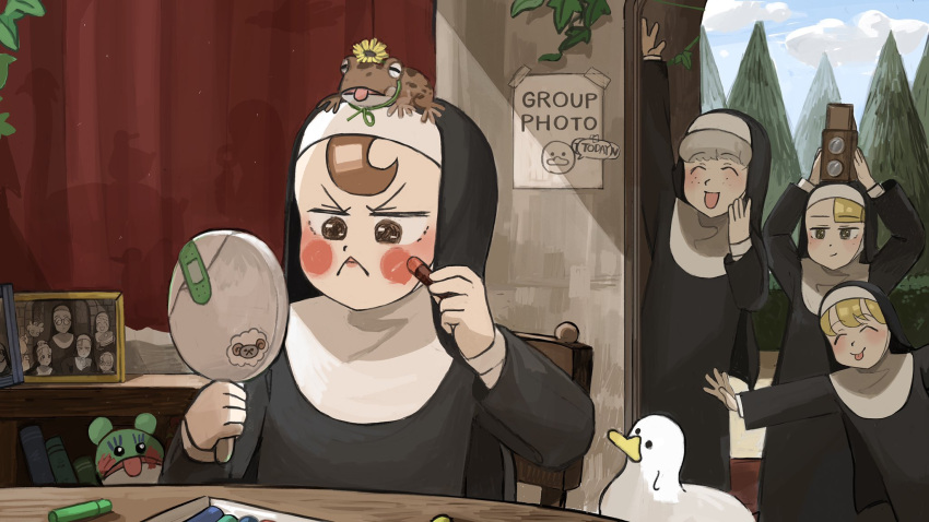 4girls, bird, blonde_hair, brown_hair, camera, chicken, diva_(hyxpk), duck