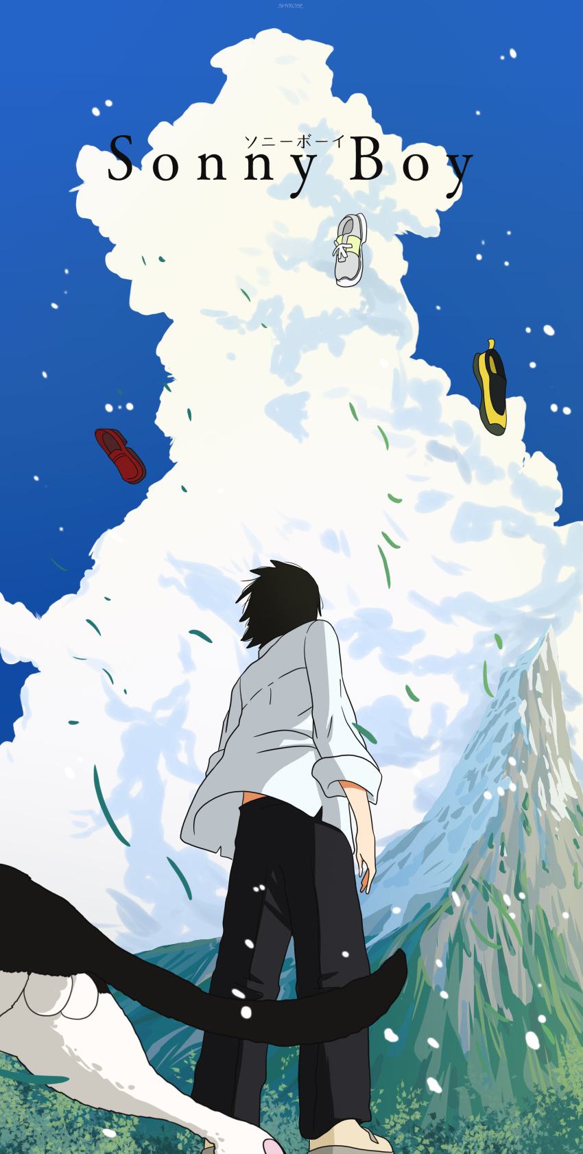 1boy, absurdres, black_cat, black_hair, black_pants, cat, character_request, clothes_lift, clouds, copyright_name, copyright_request, facing_away, floating, from_behind, from_below, grass, highres, long_sleeves, looking_afar, mountain, nagara_(sonny_boy), pants, shirt, shoes, short_hair, shyroceruss, sleeves_rolled_up, sneakers, solo, sonny_boy, standing, white_cat, white_shirt, wind, wind_lift