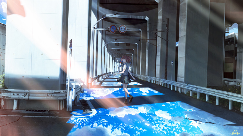1girl, absurdres, bangs, banishment, blue_neckwear, blue_skirt, blue_sky, brown_eyes, brown_hair, building, clouds, collared_shirt, commentary_request, crack, day, eyebrows_behind_hair, facing_viewer, full_body, hair_between_eyes, highres, huge_filesize, light_rays, medium_hair, necktie, open_mouth, original, outdoors, pleated_skirt, power_lines, railing, road, road_sign, scenery, school_uniform, shadow, shirt, sidelocks, sign, signature, skirt, sky, solo, speed_limit_sign, street, summer, sunbeam, sunlight, surreal, utility_pole, walking, white_shirt