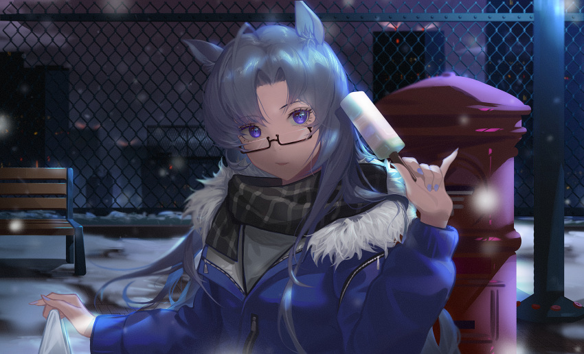 arknights, bag, bench, blue_eyes, blue_hair, chrix, fang_(arknights), fence