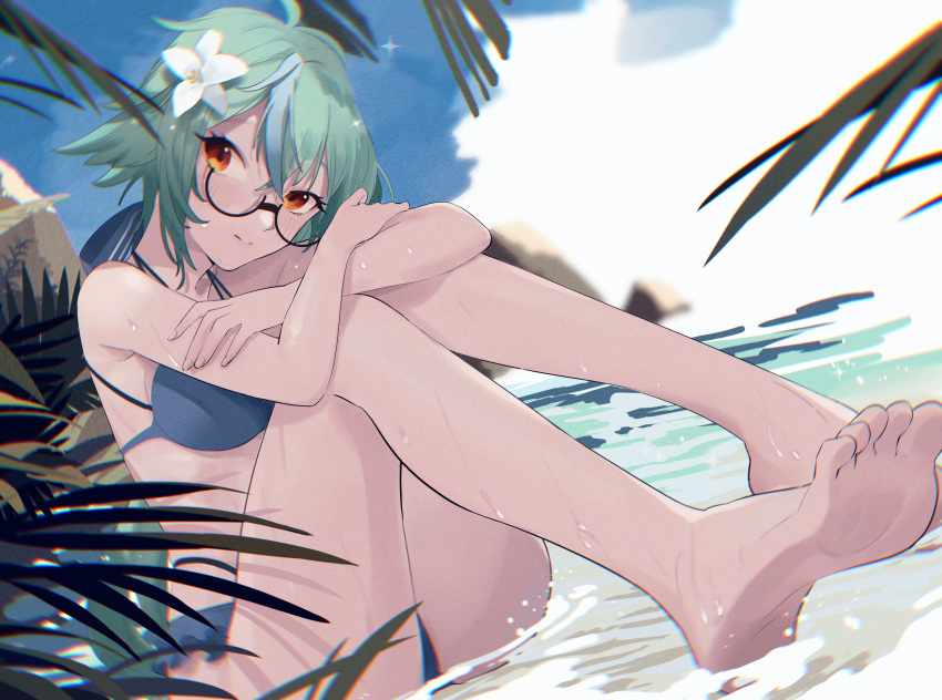 1girl, absurdres, animal_ears, bangs, bare_legs, bare_shoulders, barefoot, bikini