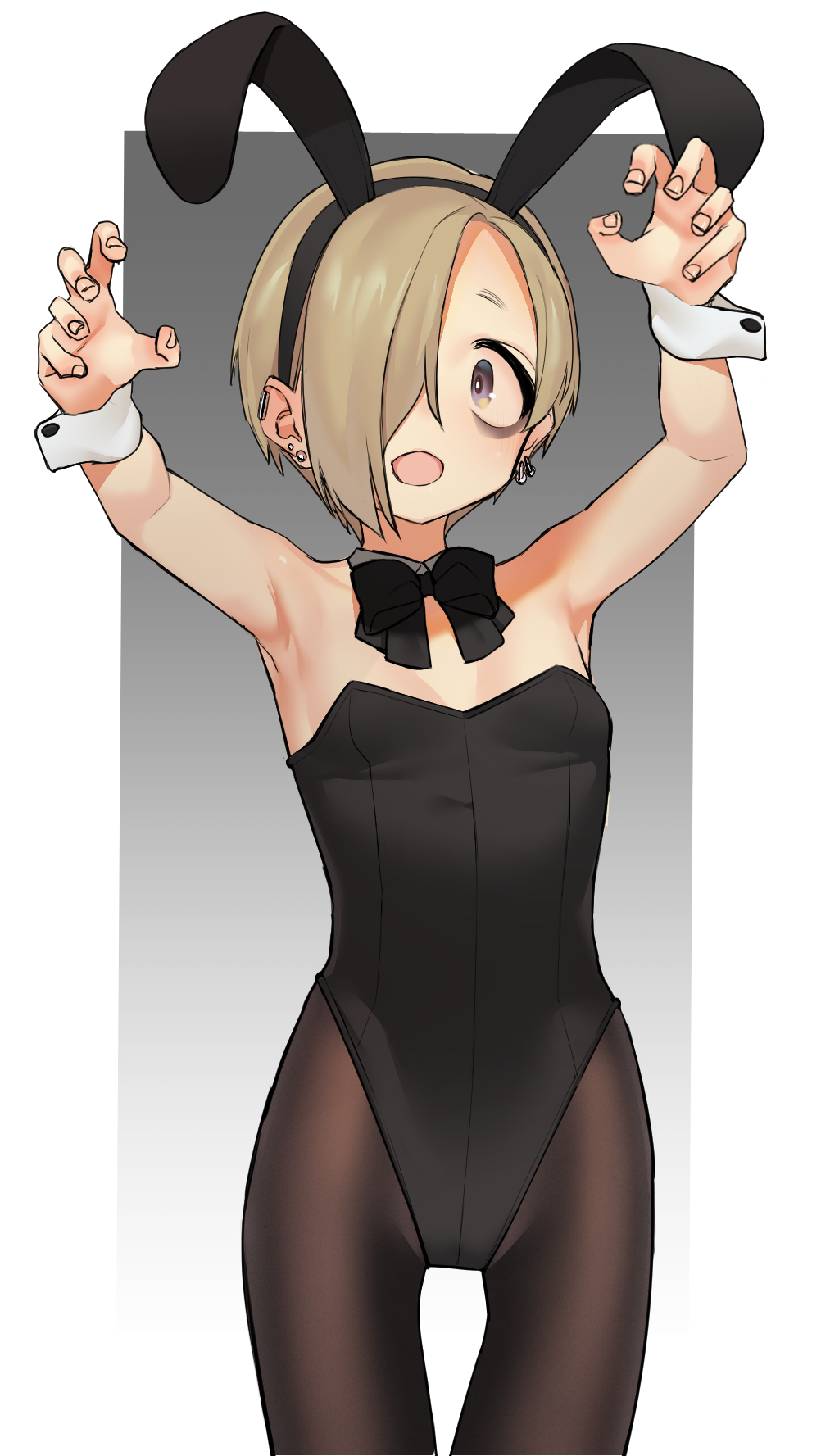 1girl, :o, alternate_costume, animal_ears, armpits, arms_up, bags_under_eyes, bare_shoulders