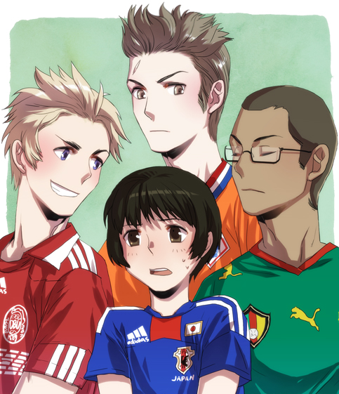 4boys, adidas, axis_powers_hetalia, blush, cameroon_(hetalia), denmark_(hetalia), glasses, japan_(hetalia)