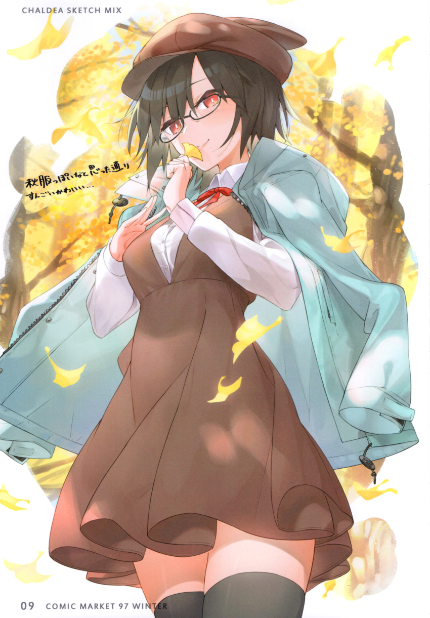 1girl, absurdres, autumn_leaves, black_hair, black_legwear, breasts, dress, fate/grand_order