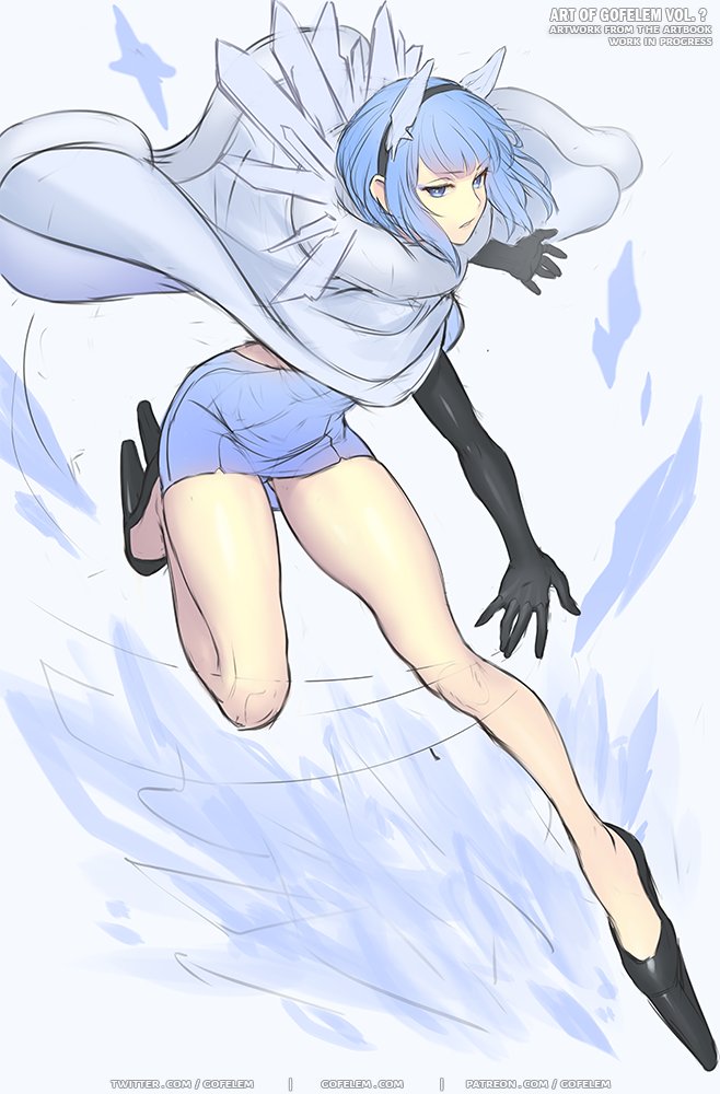 1girl, bangs, black_footwear, black_gloves, black_sleeves, blue_dress, blue_eyes, blue_hair