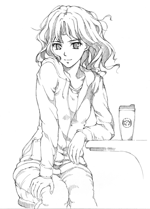 1girl, amagami, casual, lineart, monochrome, short_hair, solo, suda_(yuunagi_enikki)