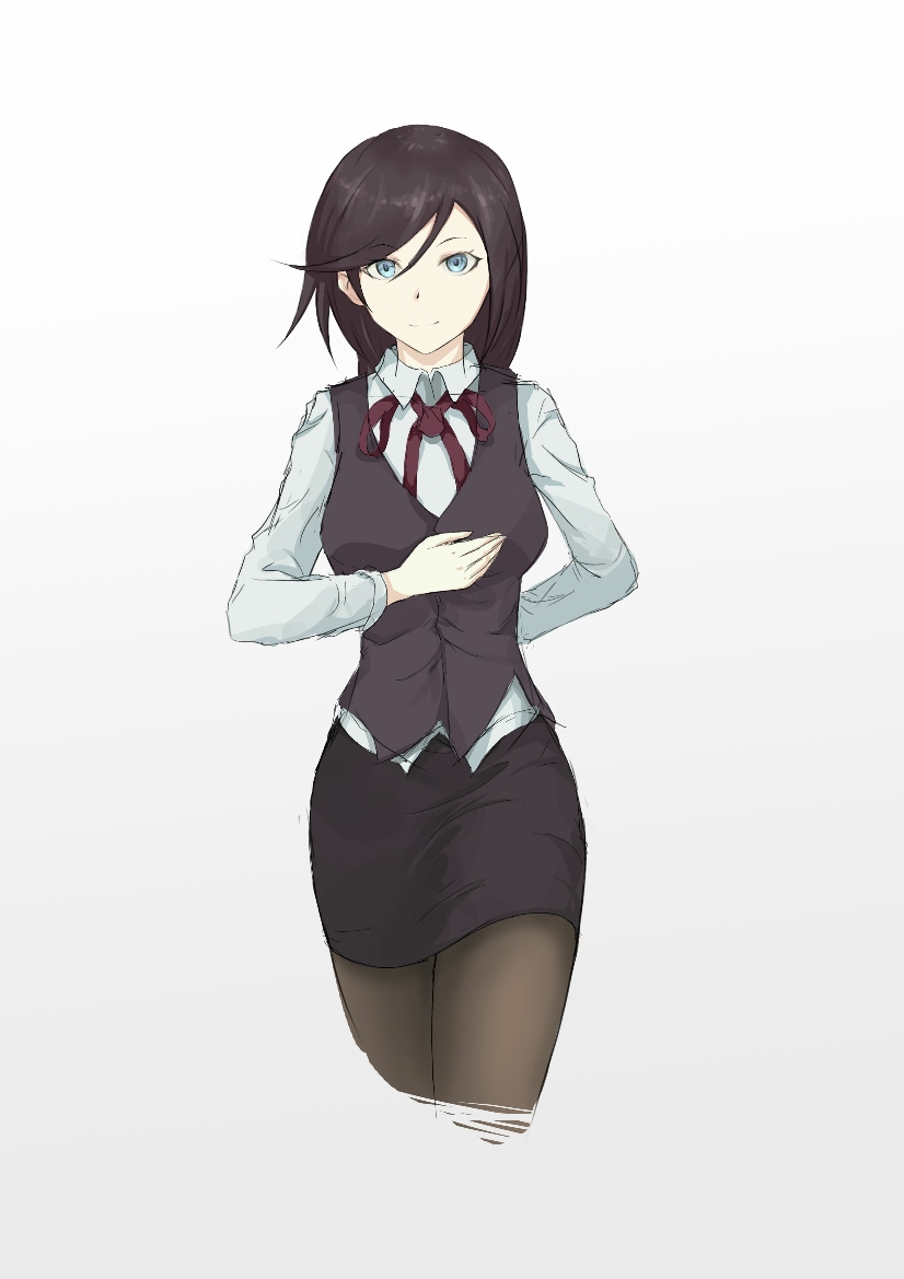1girl, black_hair, black_legwear, black_skirt, black_vest, blue_eyes, breasts, closed_mouth