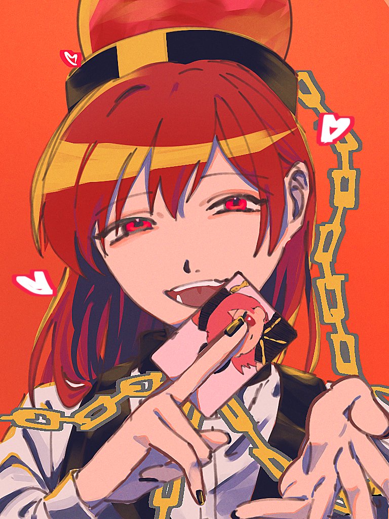 1girl, :d, alternate_costume, annindofu_umaaa, bangs, between_fingers, black_nails, black_vest
