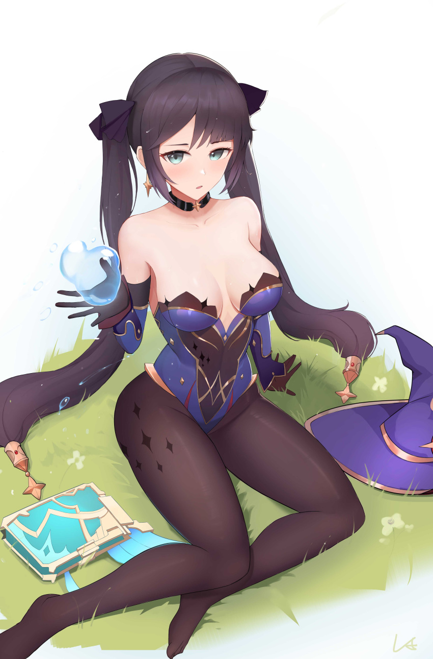 1girl, absurdres, bangs, black_hair, black_ribbon, book, breasts, choker