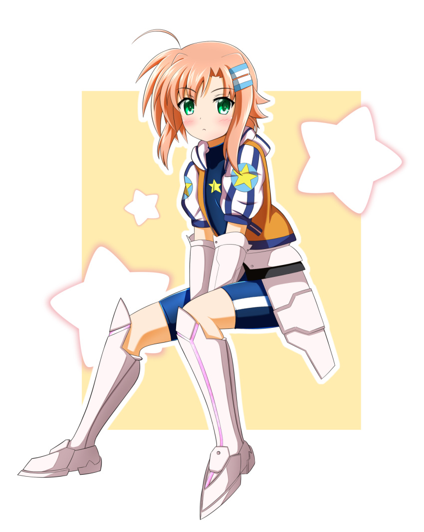 1girl, bangs, bike_shorts, blue_shirt, blush, border, closed_mouth, commentary_request