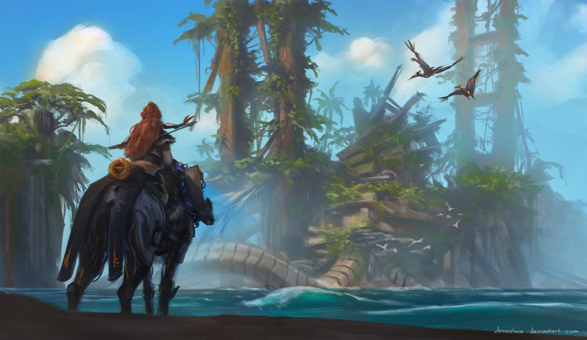 1girl, aloy_(horizon), beach, bow_(weapon), day, draw_souls, from_behind, golden_gate_bridge