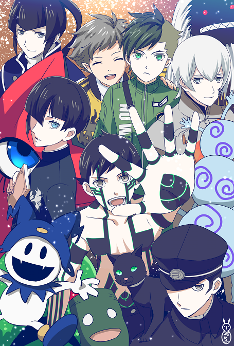6+boys, bangs, black_hair, blue_eyes, bowl_cut, brown_hair, crossover, devil_summoner