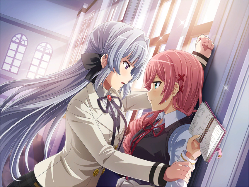 2girls, against_wall, aqua_eyes, arm_up, bangs, beige_jacket, black_neckwear, black_ribbon