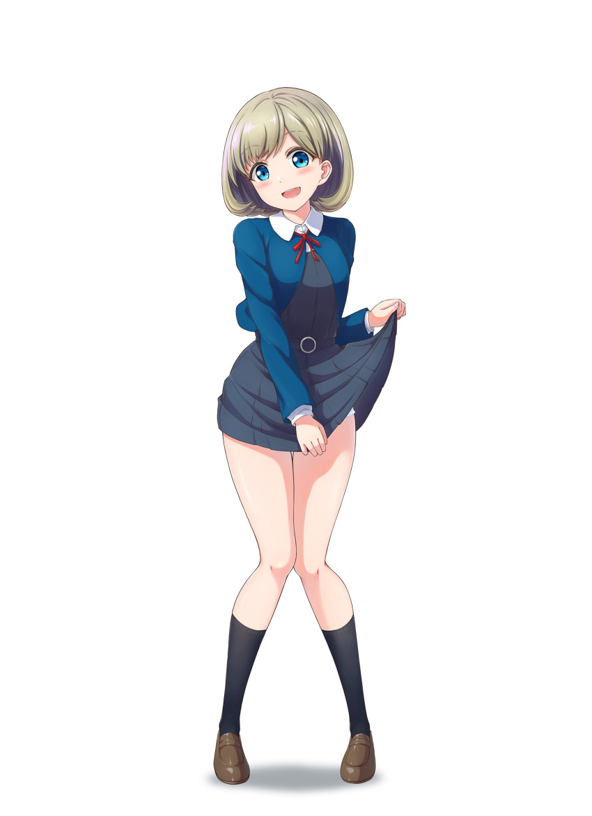 1girl, arm_at_side, bangs, black_legwear, blue_cardigan, blue_dress, blue_eyes, blue_skirt