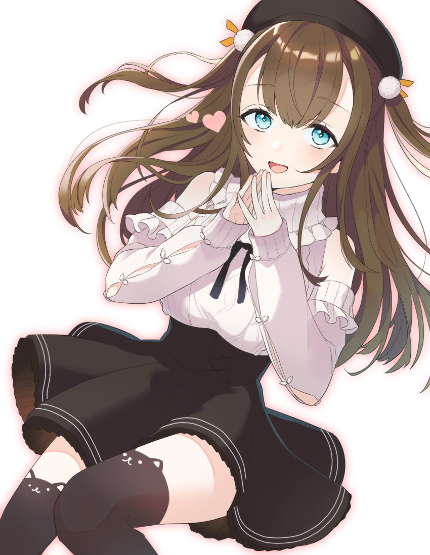 1girl, beret, black_legwear, blue_eyes, blush, brown_hair, detached_sleeves, hat