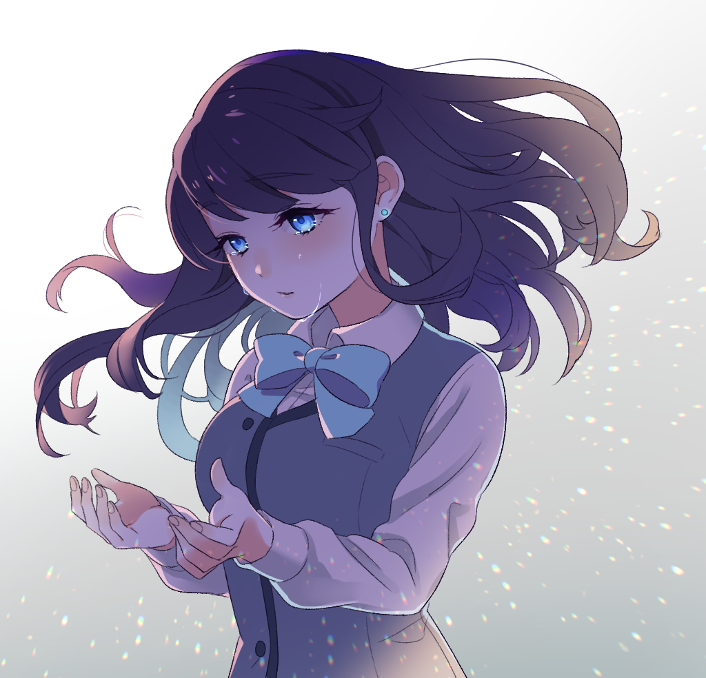1girl, blue_eyes, blue_hair, bow, collared_shirt, crying, earrings, eyebrows_visible_through_hair