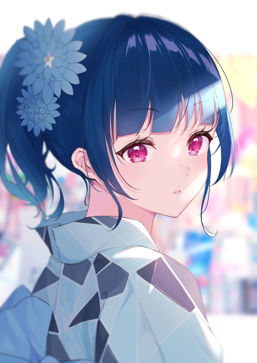 1girl, bangs, blue_hair, blunt_bangs, close-up, eyebrows_visible_through_hair, flower, from_side