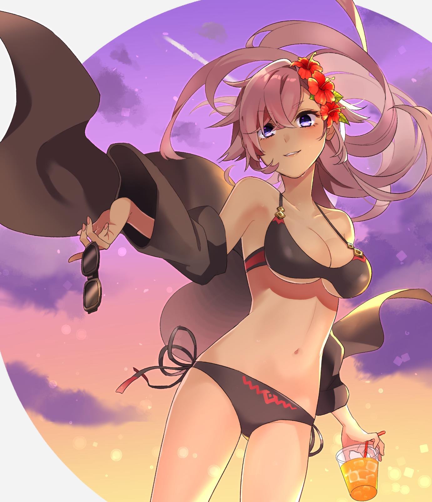 bikini, blue_eyes, blush, cinderella_(sinoalice), clouds, dark-skinned_female, dark_skin, drink