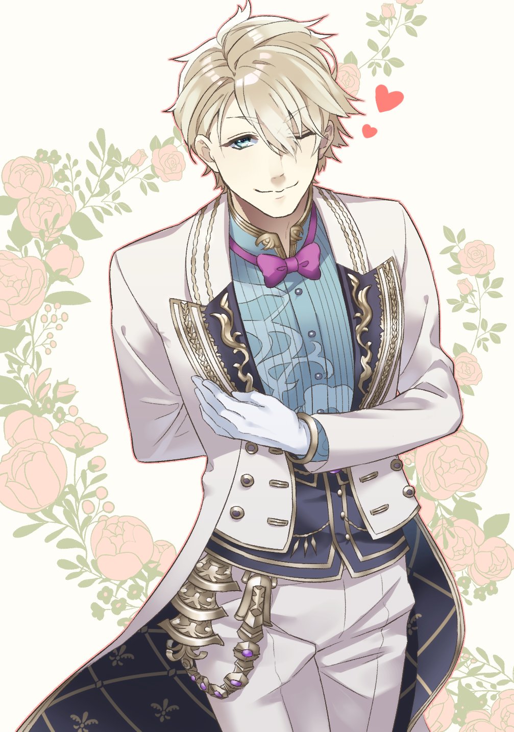 1boy, aladdin_(sinoalice), blonde_hair, bow, bowtie, butler, closed_mouth, collared_shirt